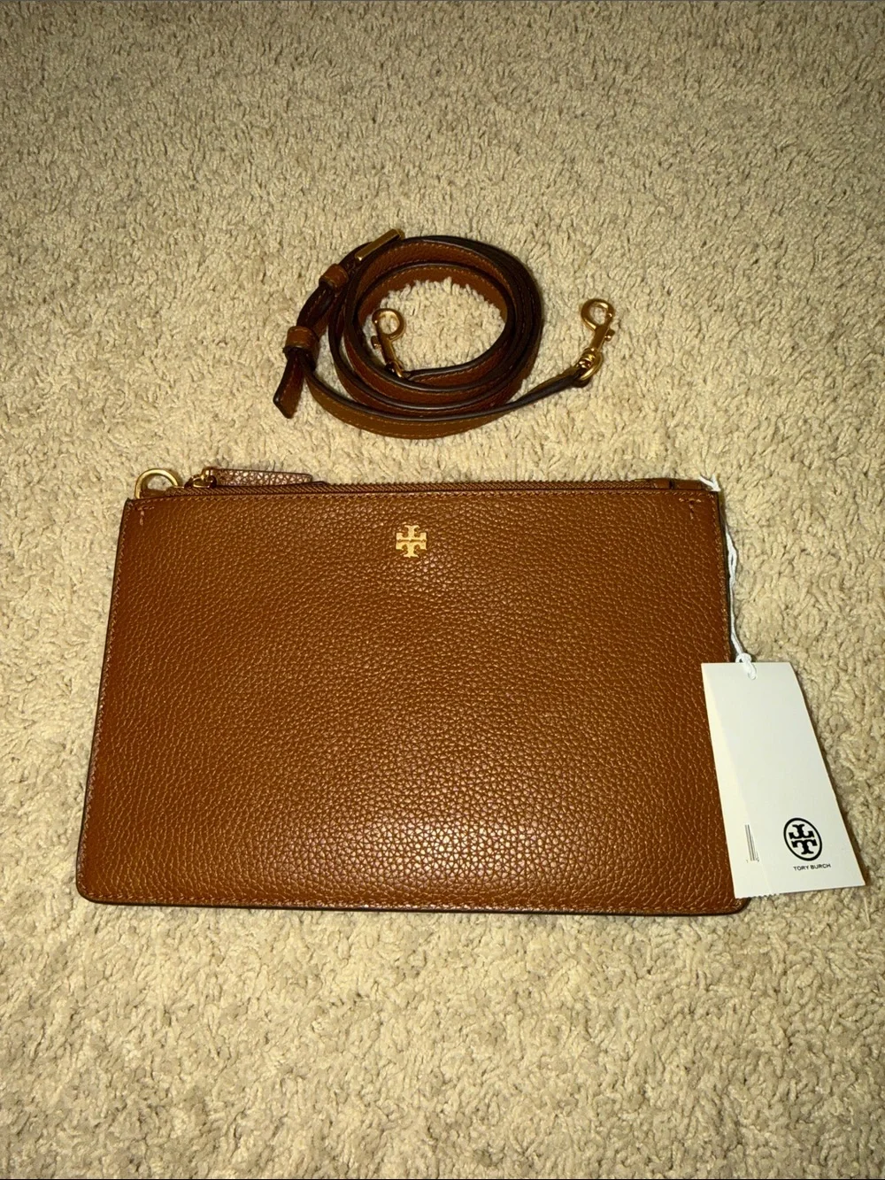Tory Burch Blake Double Zip Slim Crossbody bag in a brown pebbled leather